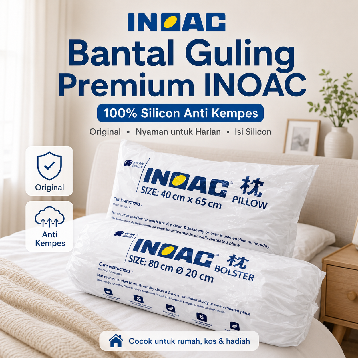 Bantal guling premium INOAC isi silicon anti kempes untuk rumah kos dan hadiah